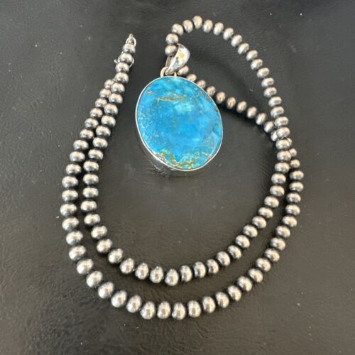 Navajo Blue Kingman Turquoise Pendant Necklace | Sterling Silver | 20" | Authentic Native American Handmade | 16675