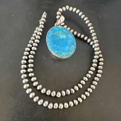 Navajo Blue Kingman Turquoise Pendant Necklace | Sterling Silver | 20" | Authentic Native American Handmade | 16675