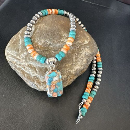 Navajo Spiny Turquoise Pendant Necklace | Sterling Silver | 21" | Authentic Native American Handmade | 17515