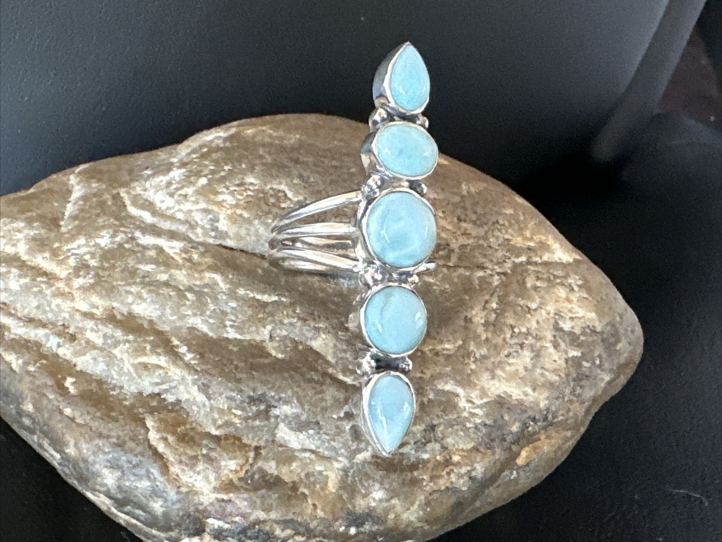 Navajo Blue Larimar Cluster Ring | Authentic Native American Sterling Silver | Multi-Stone | Sz 8.5 | 16159
