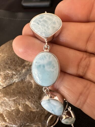 Navajo Blue Larimar Bracelet | Sterling Silver 7 Link | 8" | Authentic Native American Handmade | 16085