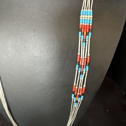 Multi-Color Liquid Silver Heishi Necklace | 5-Strand Sterling Tubes | 25" | Authentic Native American Handmade | 15136