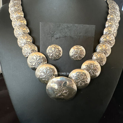 Navajo Pearls Sterling Silver Graduated Pillow Bead Necklace & Earrings Set | Authentic Native American Handmade | 15634