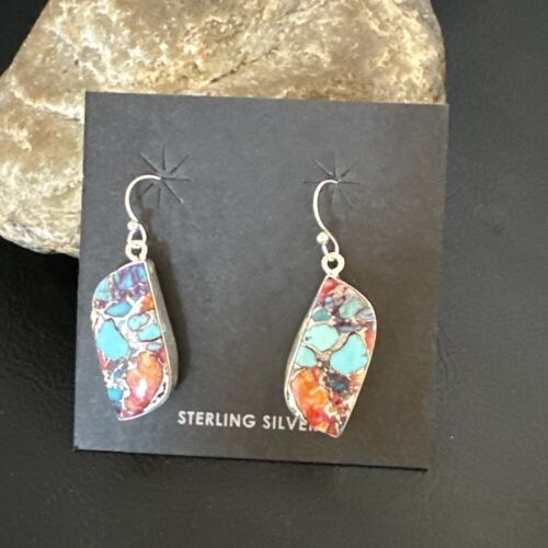 Navajo Blue Turquoise Red Spiny Oyster Inlay Dangle Earrings | Sterling Silver | 15579