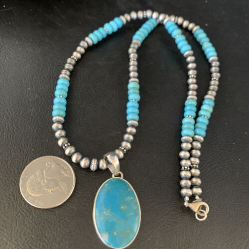 Navajo Blue Turquoise Pendant Necklace | Sterling Silver | Authentic Native American Handmade | 13867