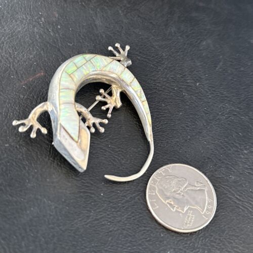Navajo White Opal Lizard Pin Pendant | Inlay Gecko | Sterling Silver | Authentic Native American Handmade | 14334