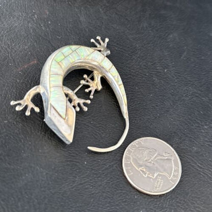 Navajo White Opal Lizard Pin Pendant | Inlay Gecko | Sterling Silver | Authentic Native American Handmade | 14334