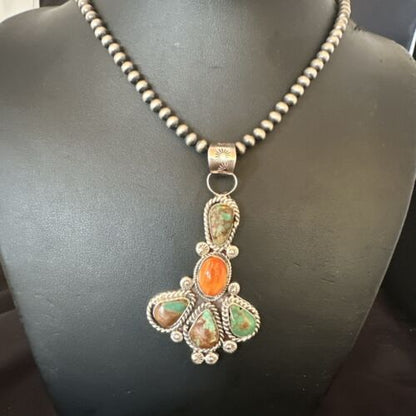 Navajo Green Turquoise Spiny Oyster Pendant Necklace | Sterling Silver | 16832