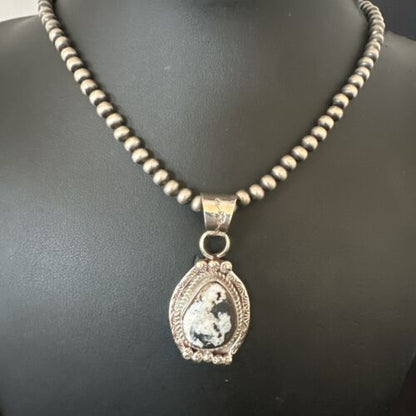 White Buffalo Turquoise Pendant | Navajo Pearls | Sterling Silver Necklace 21" | 17328 - Masha USA