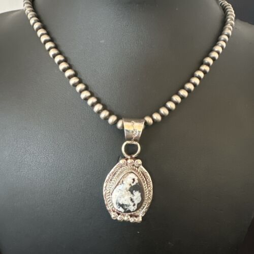 White Buffalo Turquoise Pendant | Navajo Pearls | Sterling Silver Necklace 21" | 17328