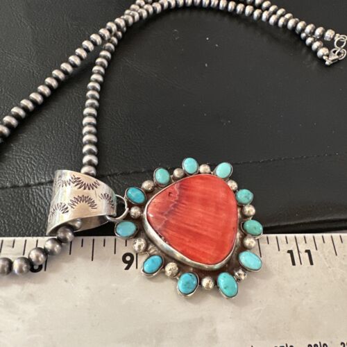 Navajo Blue Kingman Turquoise & Red Spiny Oyster Pendant | Sterling Silver | 17227