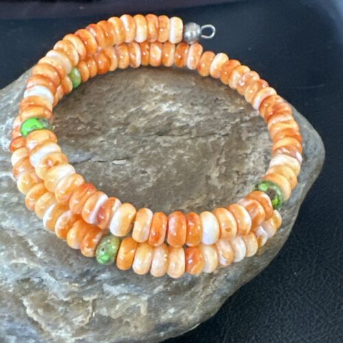Navajo Orange Spiny Oyster & Green Turquoise Bracelet | 6mm Memory Wire | Authentic Native American Handmade | 17622