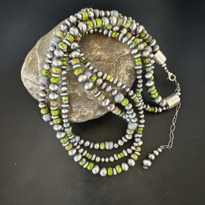 Navajo Pearls Green Turquoise Necklace | Sterling Silver | 3 Strand | 16403