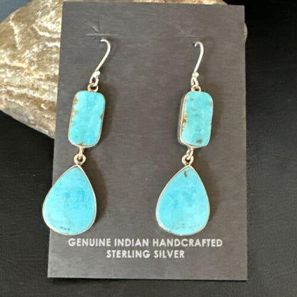 Navajo Blue Kingman Turquoise Dangle Earrings | Sterling Silver | Authentic Native American Handmade | 15123