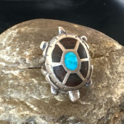 Navajo Blue Turquoise Onyx Turtle Ring | Sterling Silver | Sz 7 | Authentic Native American Handmade | 16980