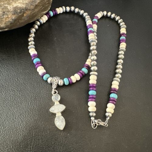 Navajo White Mother of Pearl, Turquoise, Sugilite Pendant Necklace | Sterling Silver | 16851