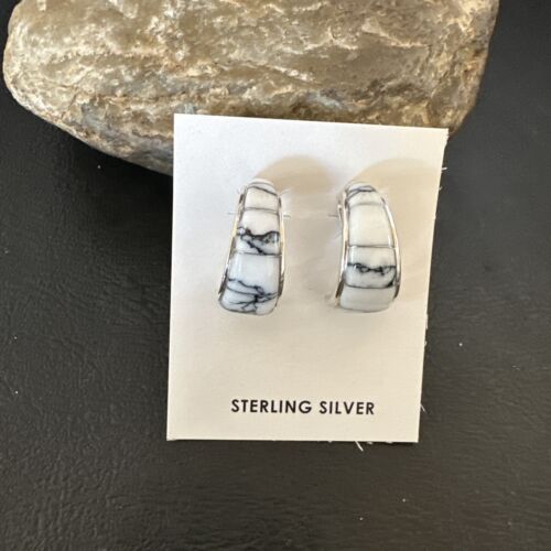 Navajo White Buffalo Turquoise Inlay Earrings | Sterling Silver | 0.5" | 16742