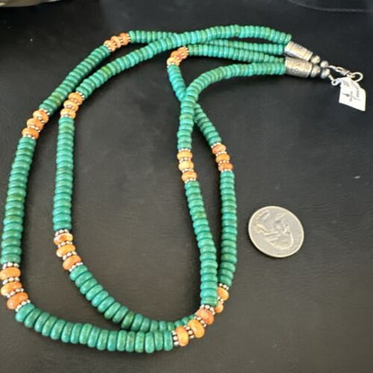 Navajo Green Turquoise Spiny Oyster Necklace | Sterling Silver | 21" | Authentic Native American Handmade | 10123