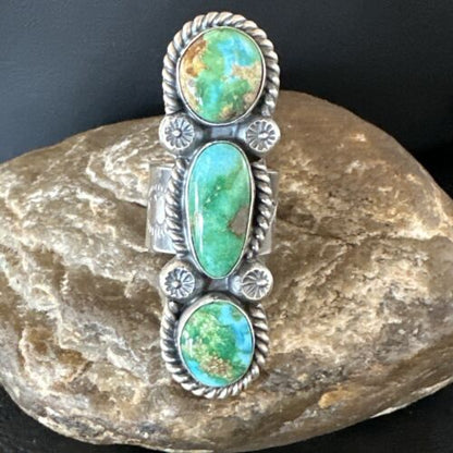 Navajo Green Sonoran Gold Turquoise Multi-Stone Ring | Authentic Native American Sterling Silver | Sz 8 | 16289
