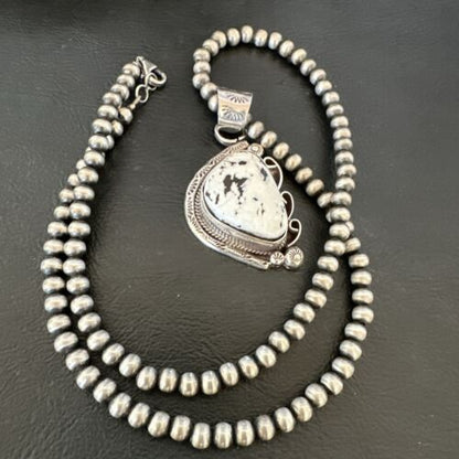Navajo White Buffalo Turquoise Pendant Necklace | Sterling Silver Pearls | Authentic Native American | 17111