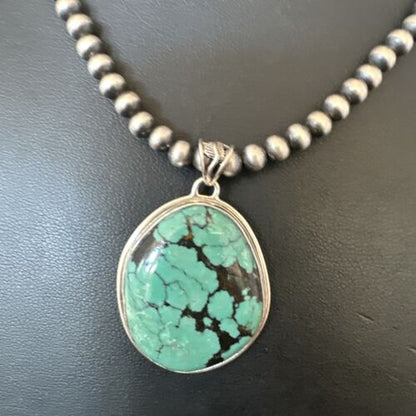 Men's Navajo Blue Spiderweb Turquoise Pendant Necklace | Sterling Silver | Native American Handmade | 16272