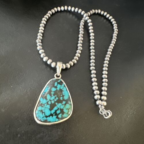 Men's Navajo Blue Spiderweb Turquoise Pendant Necklace | Sterling Silver | Authentic Native American Handmade | 16218