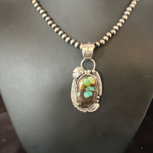 Navajo Blue Spiderweb Turquoise Pendant | Sterling Silver Necklace | 18" Pearls | 15093