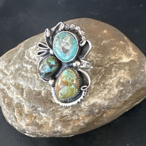 Navajo Green Turquoise Cluster Ring | Authentic Native American Sterling Silver | Multi-Stone | Sz 9 | 14841