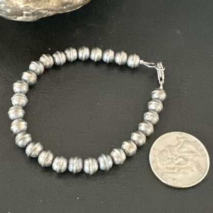 Handmade Stamped Navajo Pearls Bracelet | 6mm Beads | 8" Sterling Silver | Authentic Native American | 17447