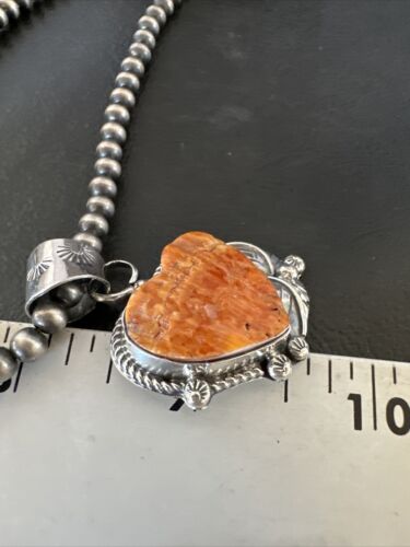 Navajo Orange Spiny Oyster Heart Pendant Necklace | Sterling Silver | Authentic Native American Handmade | 16422