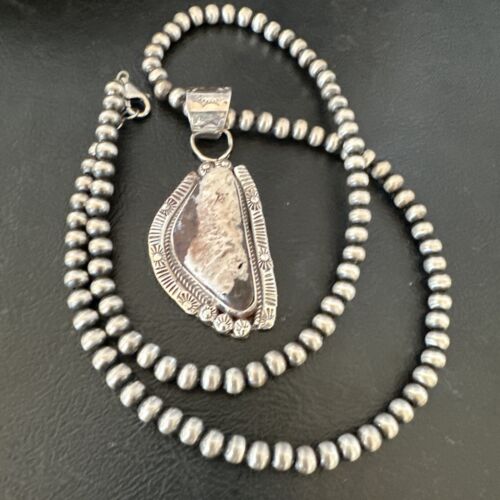White Buffalo Turquoise Pendant | Navajo Pearls | Sterling Silver Necklace 21" | 17106
