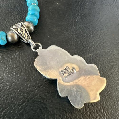 Navajo Blue Turquoise Pendant with Pearls | Sterling Silver Necklace | Authentic Native American Handmade | 15419