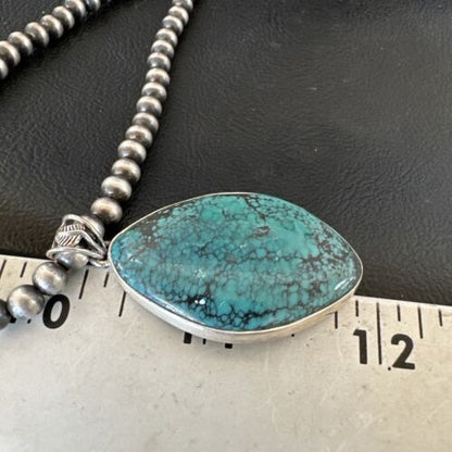 Men's Navajo Blue Spiderweb Turquoise Pendant Necklace | Sterling Silver | Authentic Native American Handmade | 16271