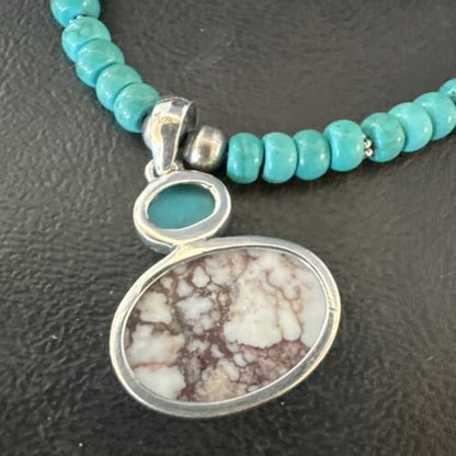 Navajo Wild Horse | Blue Kingman Turquoise Pendant Necklace | Sterling Silver | Native American Handmade | 17572