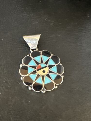 Zuni Sun Face Pendant | Turquoise, Mother of Pearl, Onyx Inlay | Sterling Silver | Native American Handmade | 15180