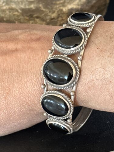 Navajo Sterling Silver Cuff Bracelet | Black Onyx 5 Stone | Authentic Native American Handmade | 14519