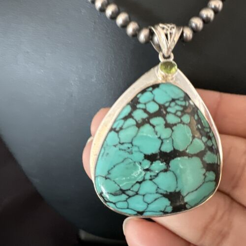 Men's Navajo Blue Spiderweb Turquoise Pendant Necklace | Sterling Silver | Authentic Native American Handmade | 16202