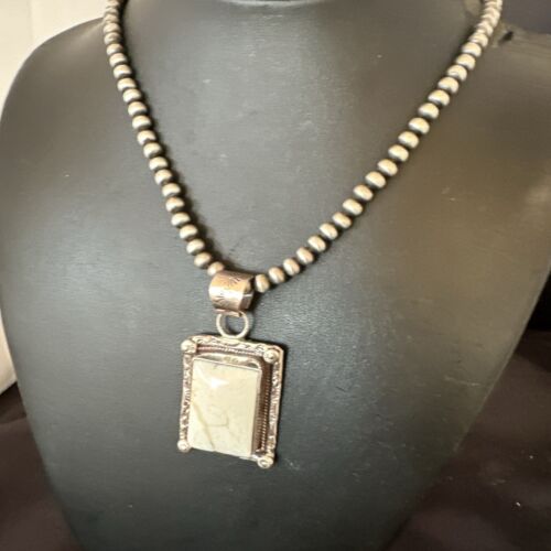 Navajo White Buffalo Turquoise Pendant | Sterling Silver Pearls Necklace | Authentic Native American Handmade | 17101