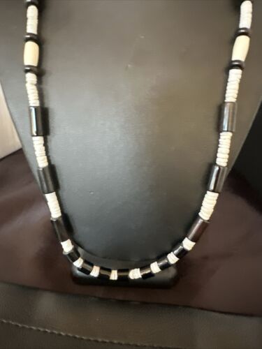 Men's Navajo Black Onyx White Shell Necklace | Sterling Silver | 26" | Authentic Native American Handmade | 17583