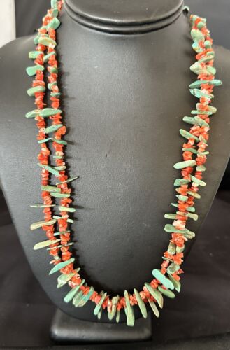Navajo Green Turquoise Coral Stick Bead Necklace | Sterling Silver | 22" | Authentic Native American Handmade | 17255