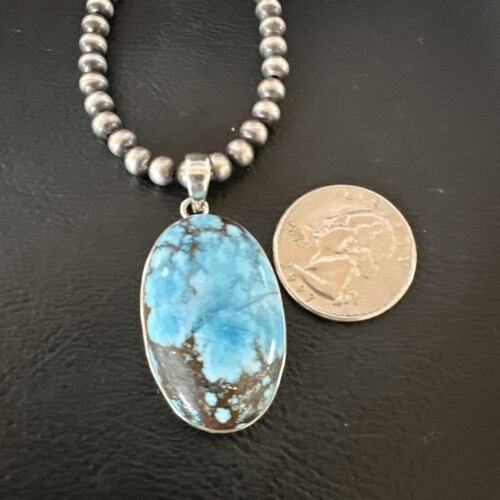 Navajo Blue Spiderweb Turquoise Pendant Necklace | Sterling Silver | Authentic Native American Handmade | 17018