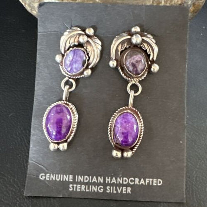 Navajo Purple Sugilite Charoite Dangle Earrings | Sterling Silver | 2" | Authentic Native American Handmade | 15258
