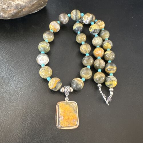 Bumblebee Jasper Pendant | Turquoise Bead | Navajo Sterling Silver Necklace 21" | 15910