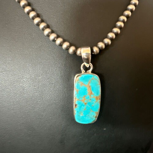 Navajo Blue Kingman Turquoise Pendant Necklace | Sterling Silver | 20" | Authentic Native American Handmade | 16700