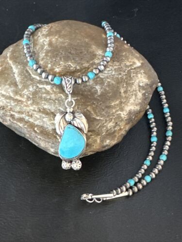 Navajo Pearls Kingman Turquoise Pendant Necklace | Sterling Silver | Authentic Native American Handmade | 14888