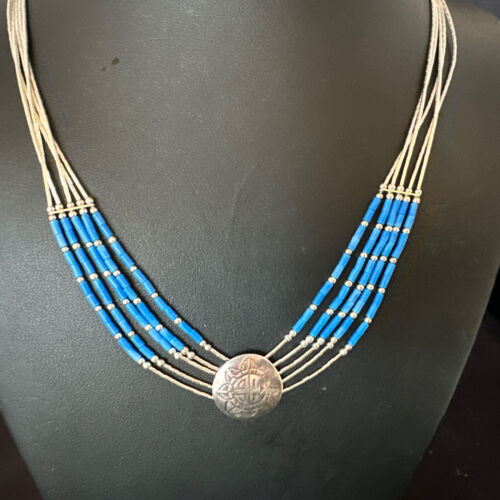 Navajo Concha Blue Denim Lapis Heishi Liquid Sterling Silver 5-Strand Necklace 20" | 15875