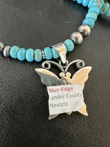 Navajo Butterfly Blue Ridge Turquoise Inlay Pendant | Sterling Silver Necklace | Authentic Native American Handmade | 17059