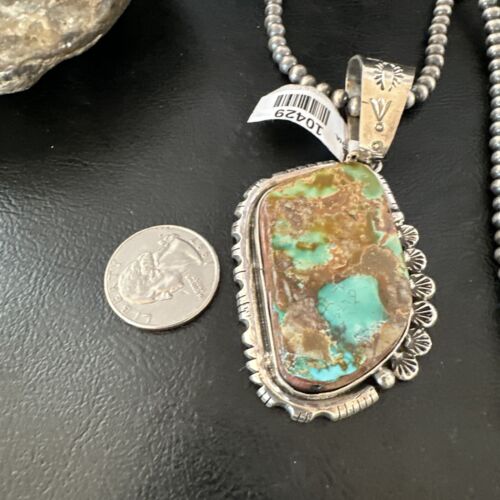 Men's Navajo Blue Green Royston Turquoise Pendant Necklace | Sterling Silver | Native American Handmade | 10429