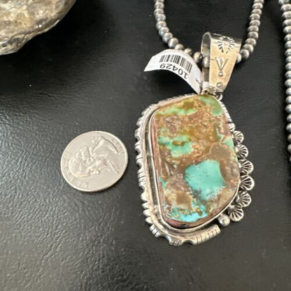 Men's Navajo Blue Green Royston Turquoise Pendant Necklace | Sterling Silver | Native American Handmade | 10429