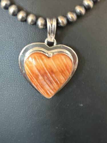 Navajo Orange Heart Spiny Oyster Pendant | Sterling Silver Necklace | Authentic Native American Handmade | 15006